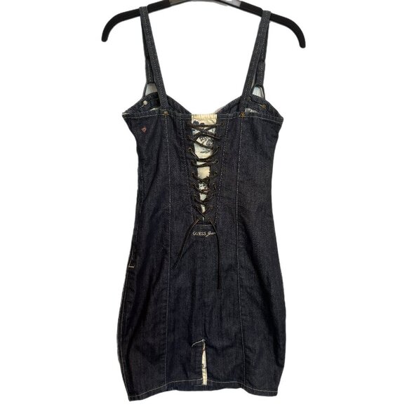 Guess Jeans Y2K Denim Lace Up Back Corset Bodycon Bustier Mini Dress Size 1 XS - Picture 4 of 16